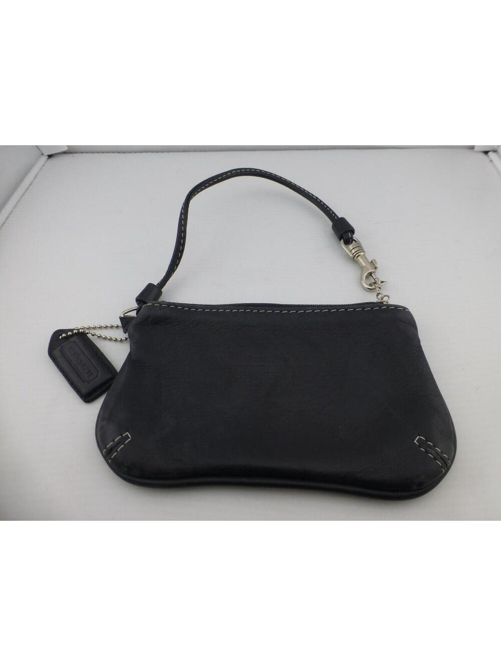 COACH Black Leather Mini Skinny Wristlet Pouch Wallet Keychain White F4